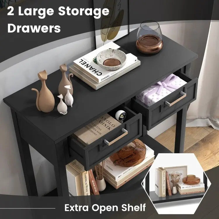 Tavolo consolle stretto con cassetti e ripiano portaoggetti aperto - 31.5L x 14W x 32H