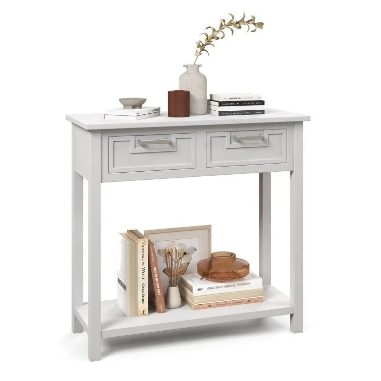 Tavolo consolle stretto con cassetti e ripiano portaoggetti aperto - 31.5L x 14W x 32H