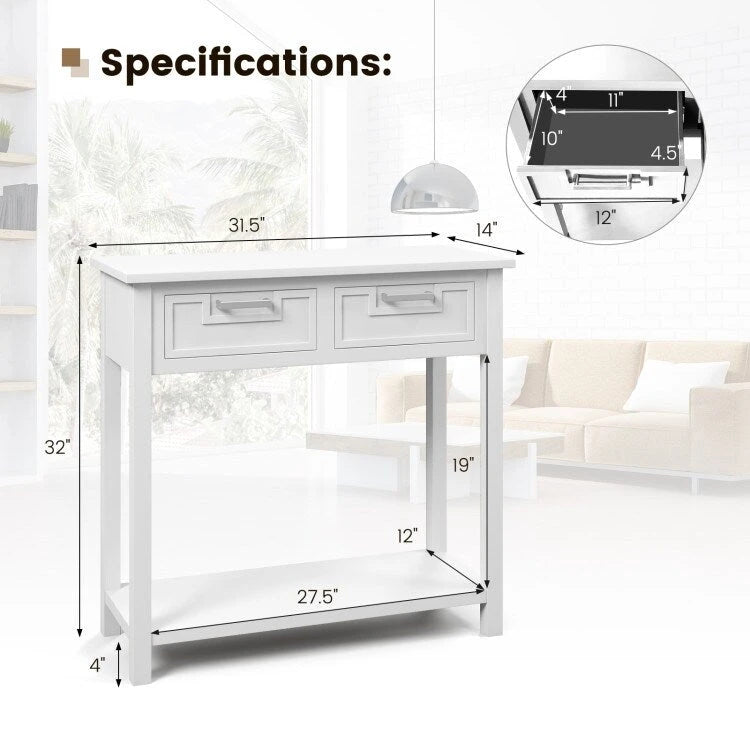 Tavolo consolle stretto con cassetti e ripiano portaoggetti aperto - 31.5L x 14W x 32H