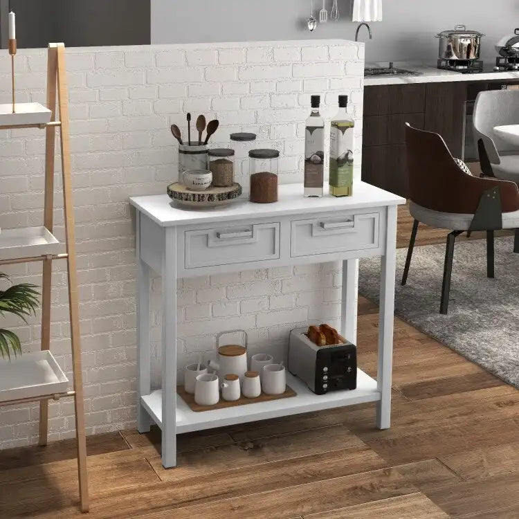 Tavolo consolle stretto con cassetti e ripiano portaoggetti aperto - 31.5L x 14W x 32H