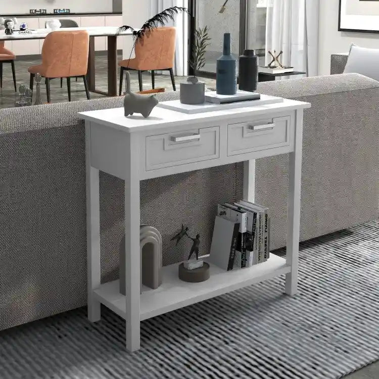 Tavolo consolle stretto con cassetti e ripiano portaoggetti aperto - 31.5L x 14W x 32H
