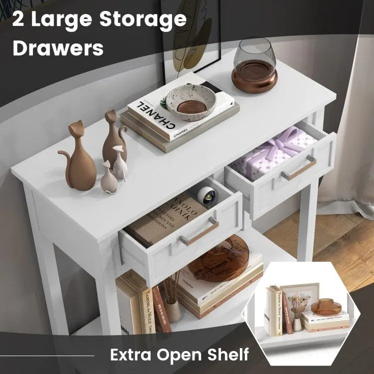 Tavolo consolle stretto con cassetti e ripiano portaoggetti aperto - 31.5L x 14W x 32H