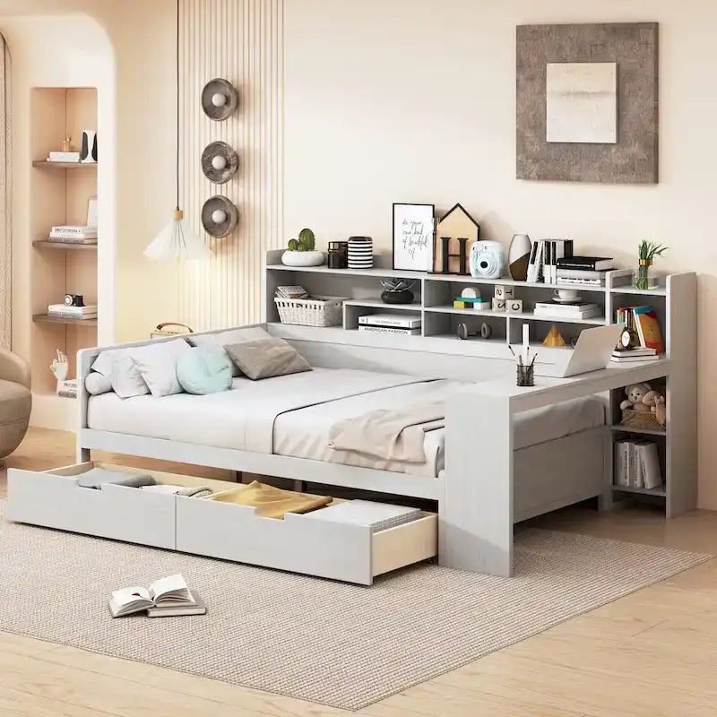 Wooden Multi-functional Daybed with Storage Shelves, 2 Storage Drawers and Study Desk