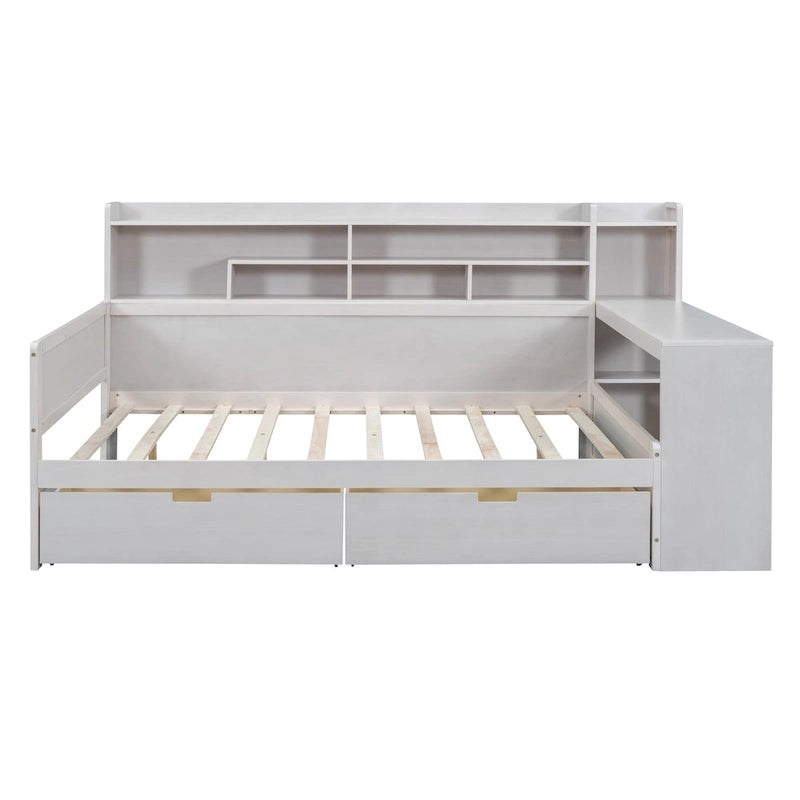 Wooden Multi-functional Daybed with Storage Shelves, 2 Storage Drawers and Study Desk