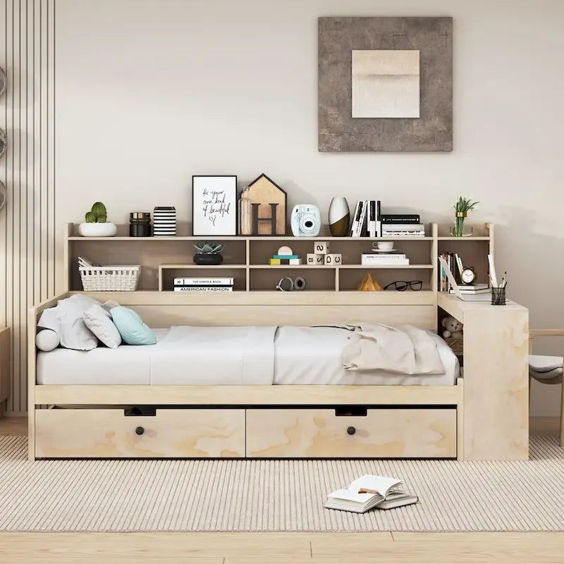 Multifunktionales Tagesbett aus Holz mit Ablagefächern, 2 Stauraumschubladen und Schreibtisch