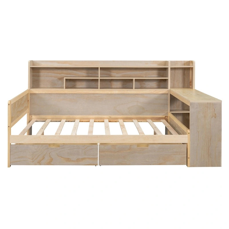 Multifunktionales Tagesbett aus Holz mit Ablagefächern, 2 Stauraumschubladen und Schreibtisch