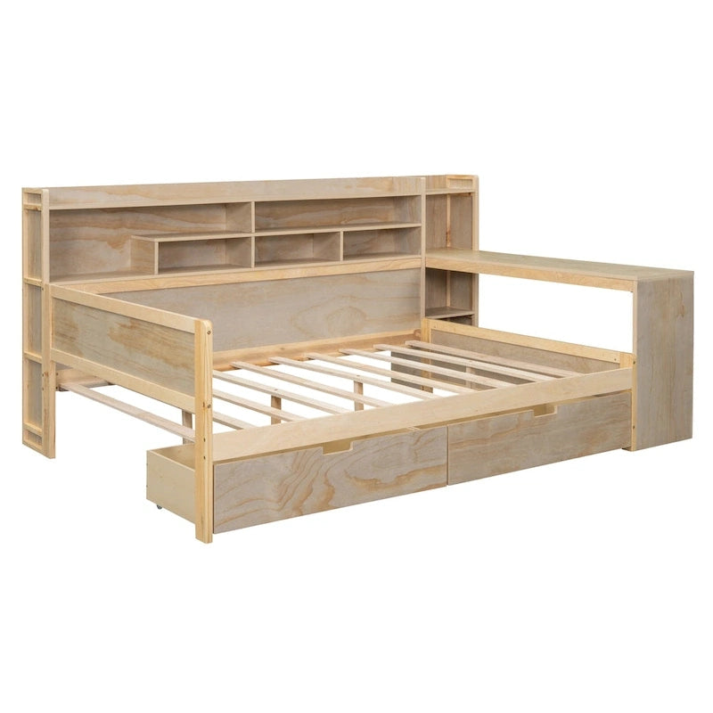 Multifunktionales Tagesbett aus Holz mit Ablagefächern, 2 Stauraumschubladen und Schreibtisch