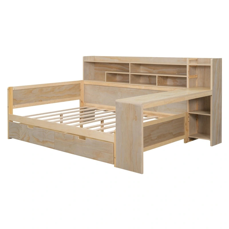 Multifunktionales Tagesbett aus Holz mit Ablagefächern, 2 Stauraumschubladen und Schreibtisch