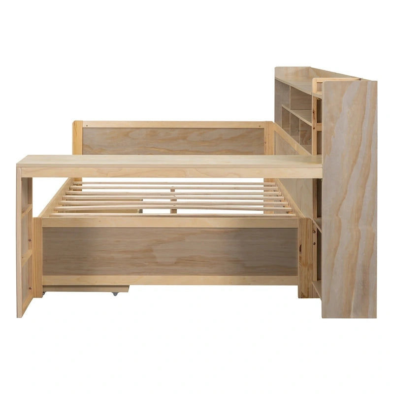 Multifunktionales Tagesbett aus Holz mit Ablagefächern, 2 Stauraumschubladen und Schreibtisch