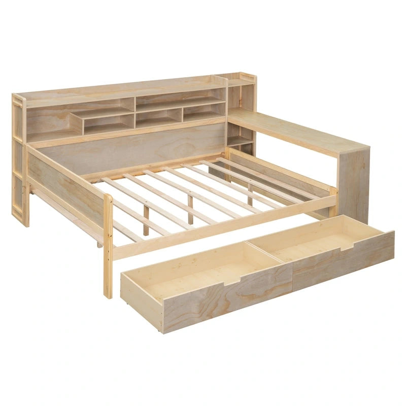 Multifunktionales Tagesbett aus Holz mit Ablagefächern, 2 Stauraumschubladen und Schreibtisch