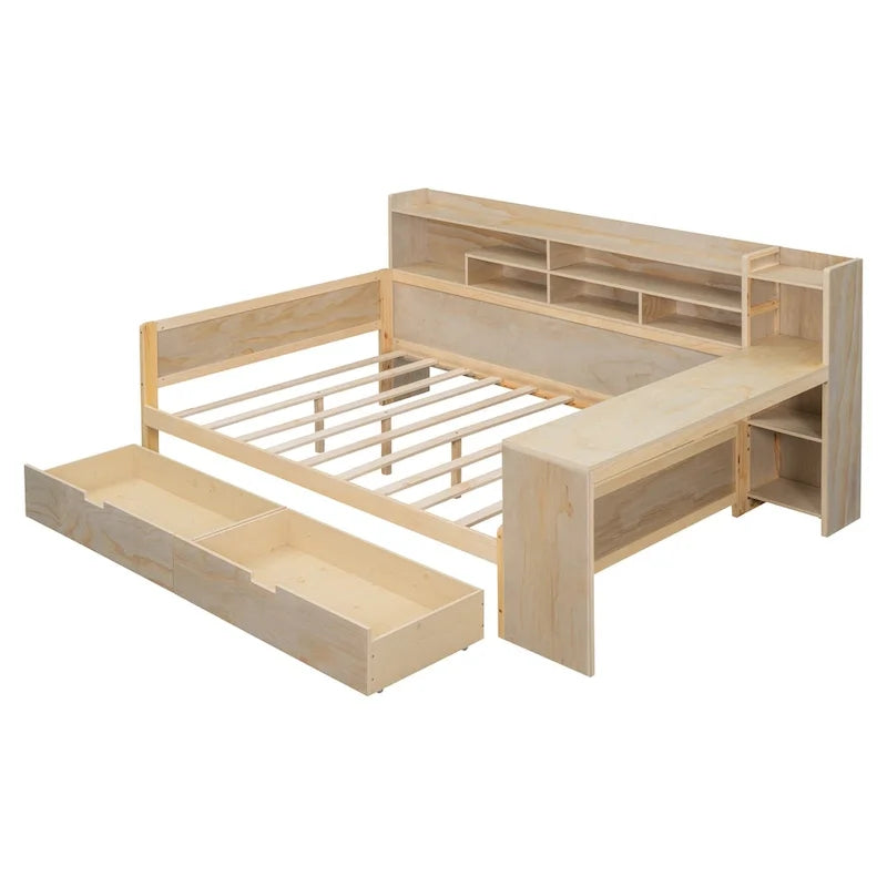 Multifunktionales Tagesbett aus Holz mit Ablagefächern, 2 Stauraumschubladen und Schreibtisch