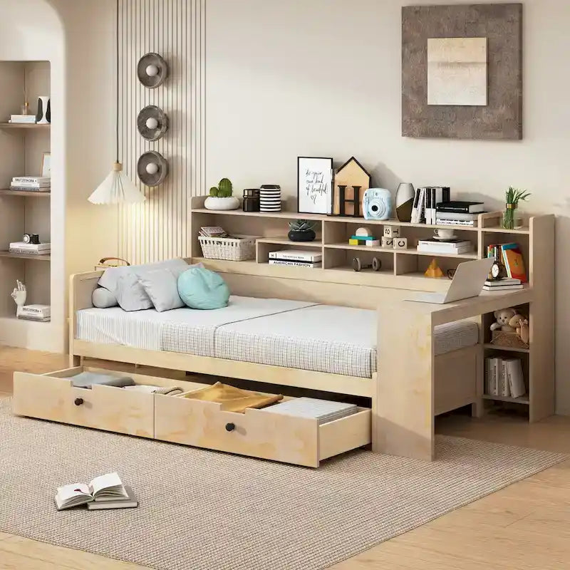 Multifunktionales Tagesbett aus Holz mit Ablagefächern, 2 Stauraumschubladen und Schreibtisch