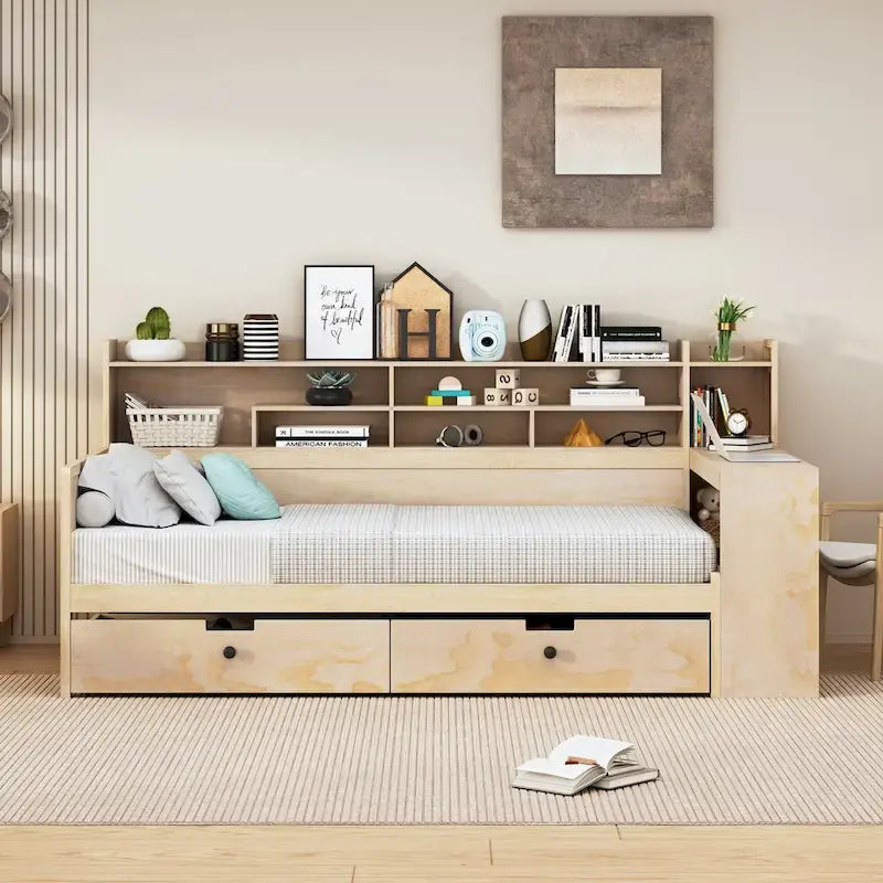 Multifunktionales Tagesbett aus Holz mit Ablagefächern, 2 Stauraumschubladen und Schreibtisch