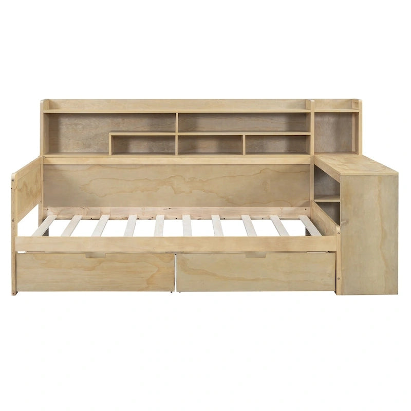 Multifunktionales Tagesbett aus Holz mit Ablagefächern, 2 Stauraumschubladen und Schreibtisch