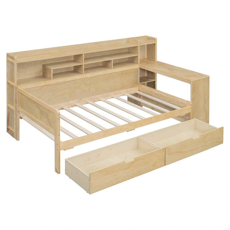 Multifunktionales Tagesbett aus Holz mit Ablagefächern, 2 Stauraumschubladen und Schreibtisch