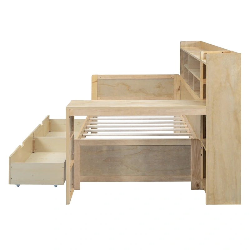 Multifunktionales Tagesbett aus Holz mit Ablagefächern, 2 Stauraumschubladen und Schreibtisch