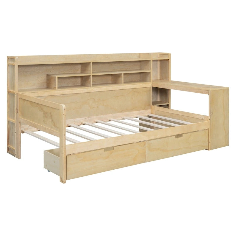 Multifunktionales Tagesbett aus Holz mit Ablagefächern, 2 Stauraumschubladen und Schreibtisch