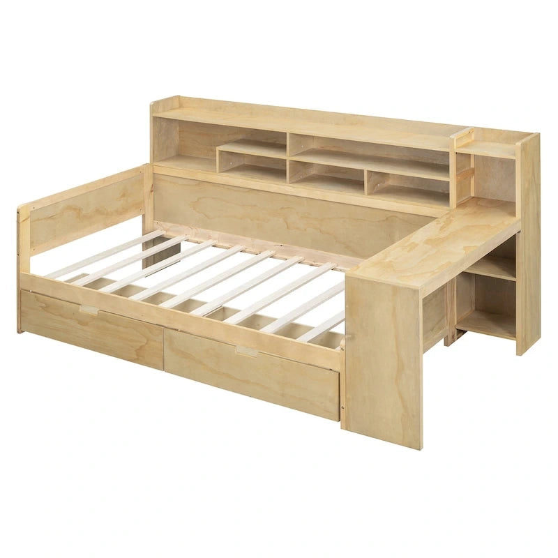 Multifunktionales Tagesbett aus Holz mit Ablagefächern, 2 Stauraumschubladen und Schreibtisch