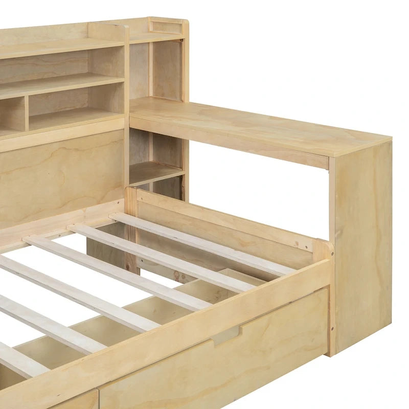 Multifunktionales Tagesbett aus Holz mit Ablagefächern, 2 Stauraumschubladen und Schreibtisch