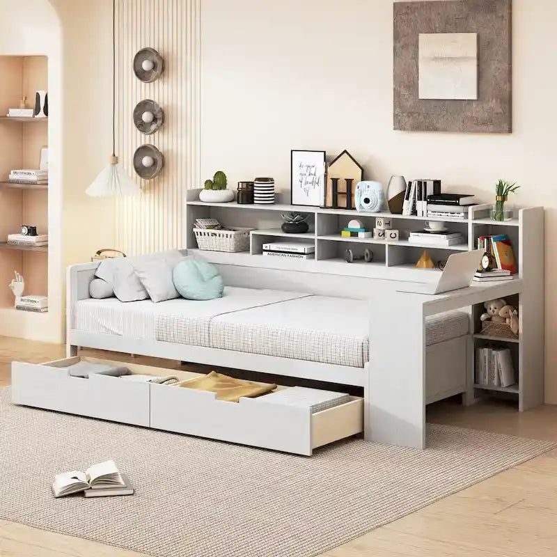 Multifunktionales Tagesbett aus Holz mit Ablagefächern, 2 Stauraumschubladen und Schreibtisch