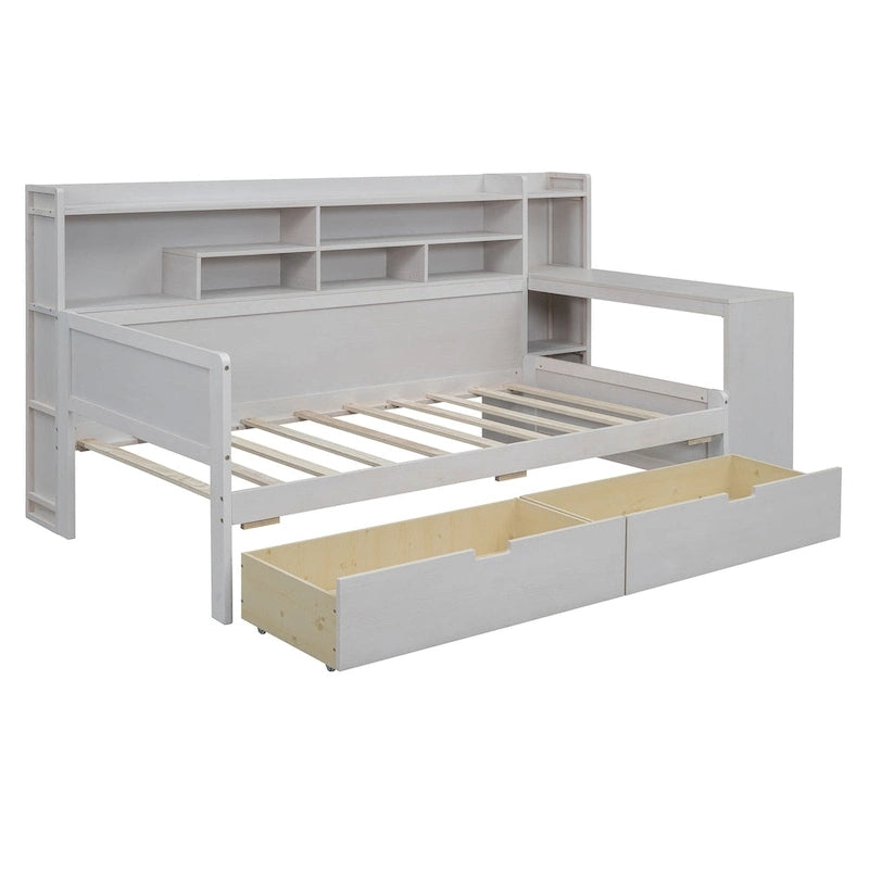 Multifunktionales Tagesbett aus Holz mit Ablagefächern, 2 Stauraumschubladen und Schreibtisch