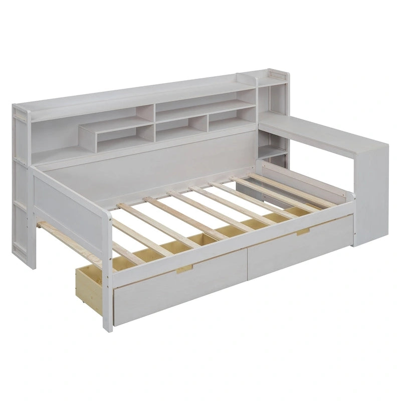 Multifunktionales Tagesbett aus Holz mit Ablagefächern, 2 Stauraumschubladen und Schreibtisch