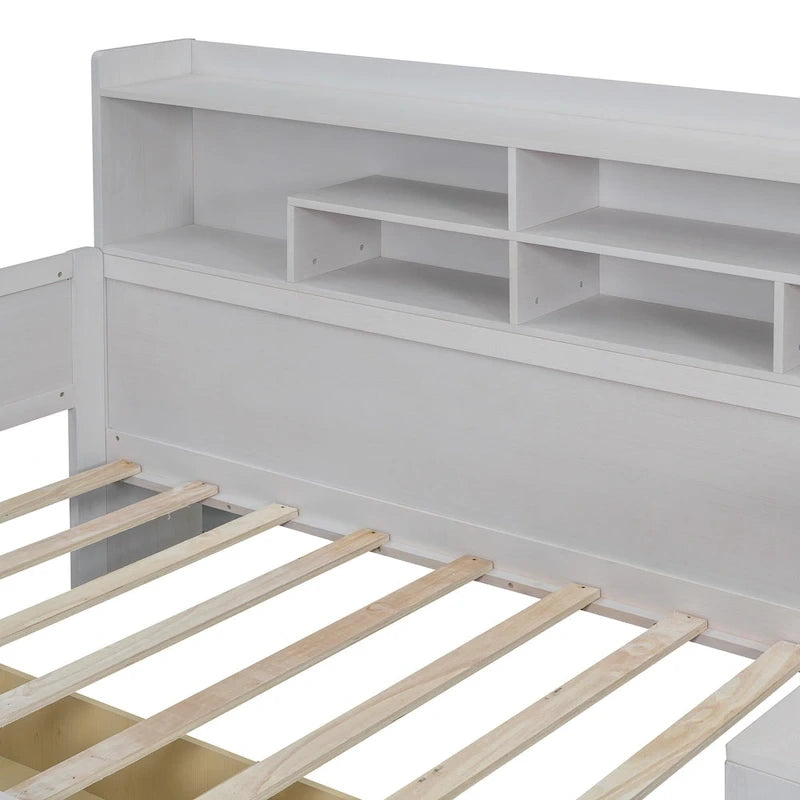 Multifunktionales Tagesbett aus Holz mit Ablagefächern, 2 Stauraumschubladen und Schreibtisch