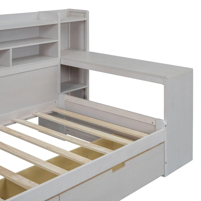 Multifunktionales Tagesbett aus Holz mit Ablagefächern, 2 Stauraumschubladen und Schreibtisch