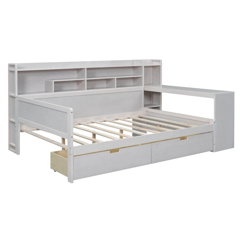 Multifunktionales Tagesbett aus Holz mit Ablagefächern, 2 Stauraumschubladen und Schreibtisch