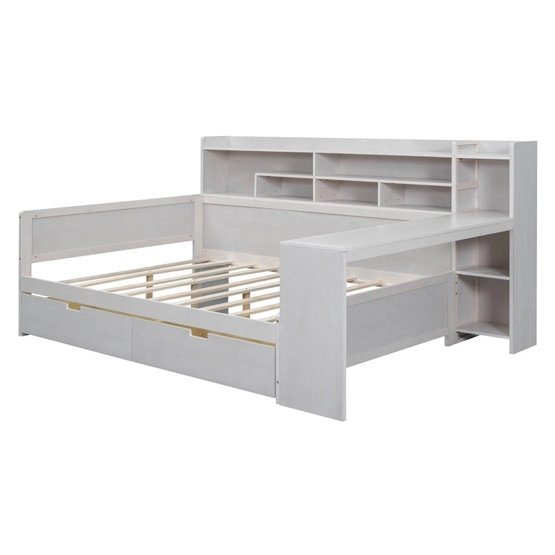 Multifunktionales Tagesbett aus Holz mit Ablagefächern, 2 Stauraumschubladen und Schreibtisch