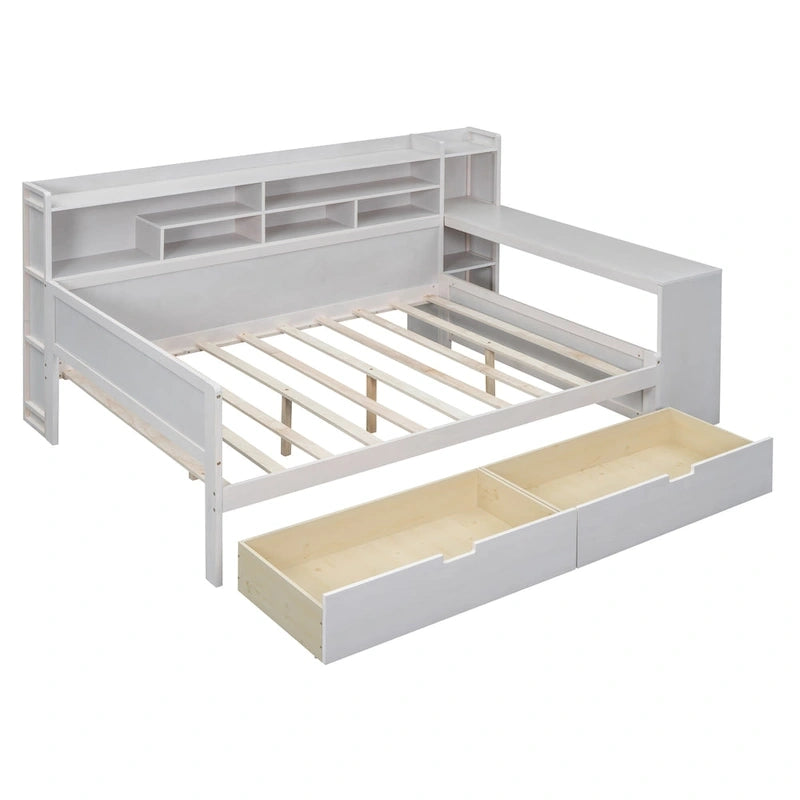 Multifunktionales Tagesbett aus Holz mit Ablagefächern, 2 Stauraumschubladen und Schreibtisch