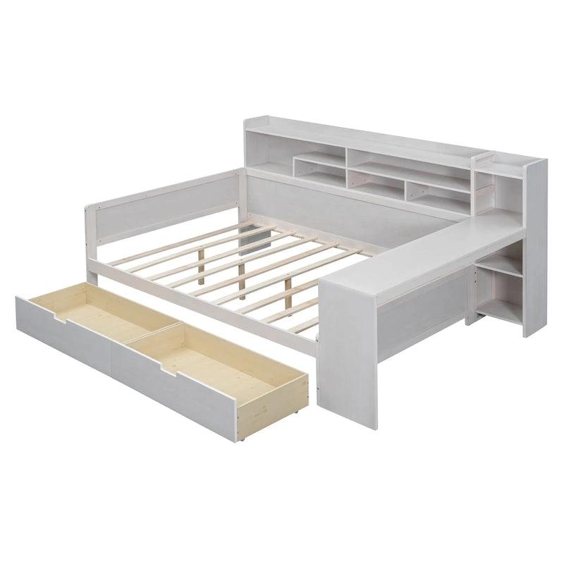 Multifunktionales Tagesbett aus Holz mit Ablagefächern, 2 Stauraumschubladen und Schreibtisch