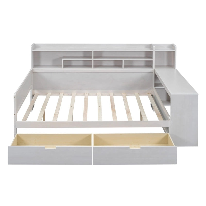 Multifunktionales Tagesbett aus Holz mit Ablagefächern, 2 Stauraumschubladen und Schreibtisch