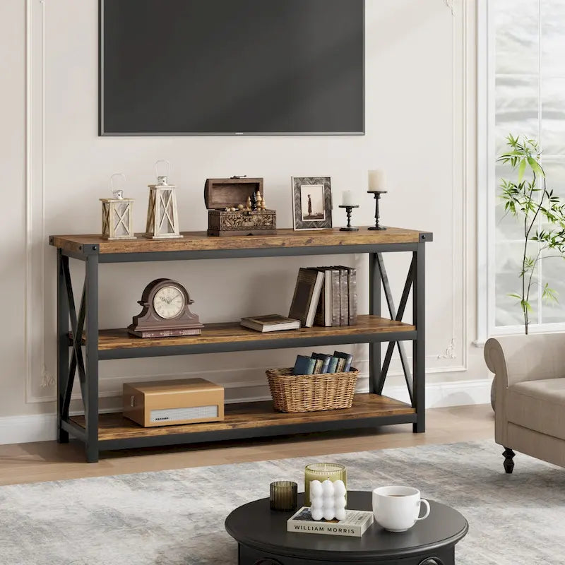 Narrow Long Console Table with Storage, 3 Tier Wood Sofa Table