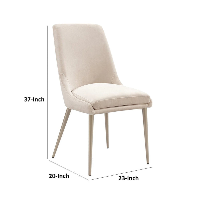 20 Inch Set of 2 Dining Chairs, Cream Velvet, Gold Tapered Metal Legs