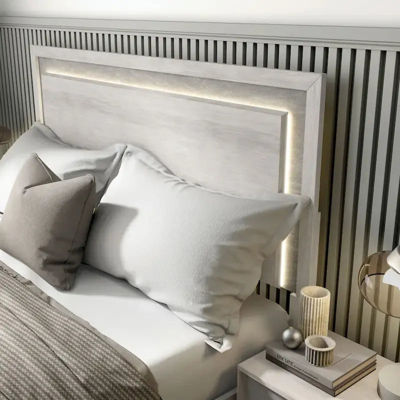 Contemporary Washed White Panel Bed with LED Lighting